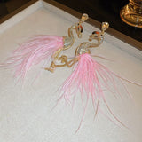 Pink Feather Flamingo Long Drop Earrings
