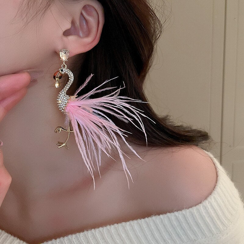 Pink Feather Flamingo Long Drop Earrings