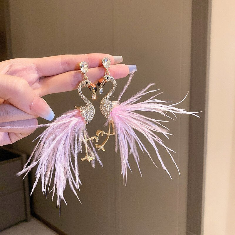 Pink Feather Flamingo Long Drop Earrings