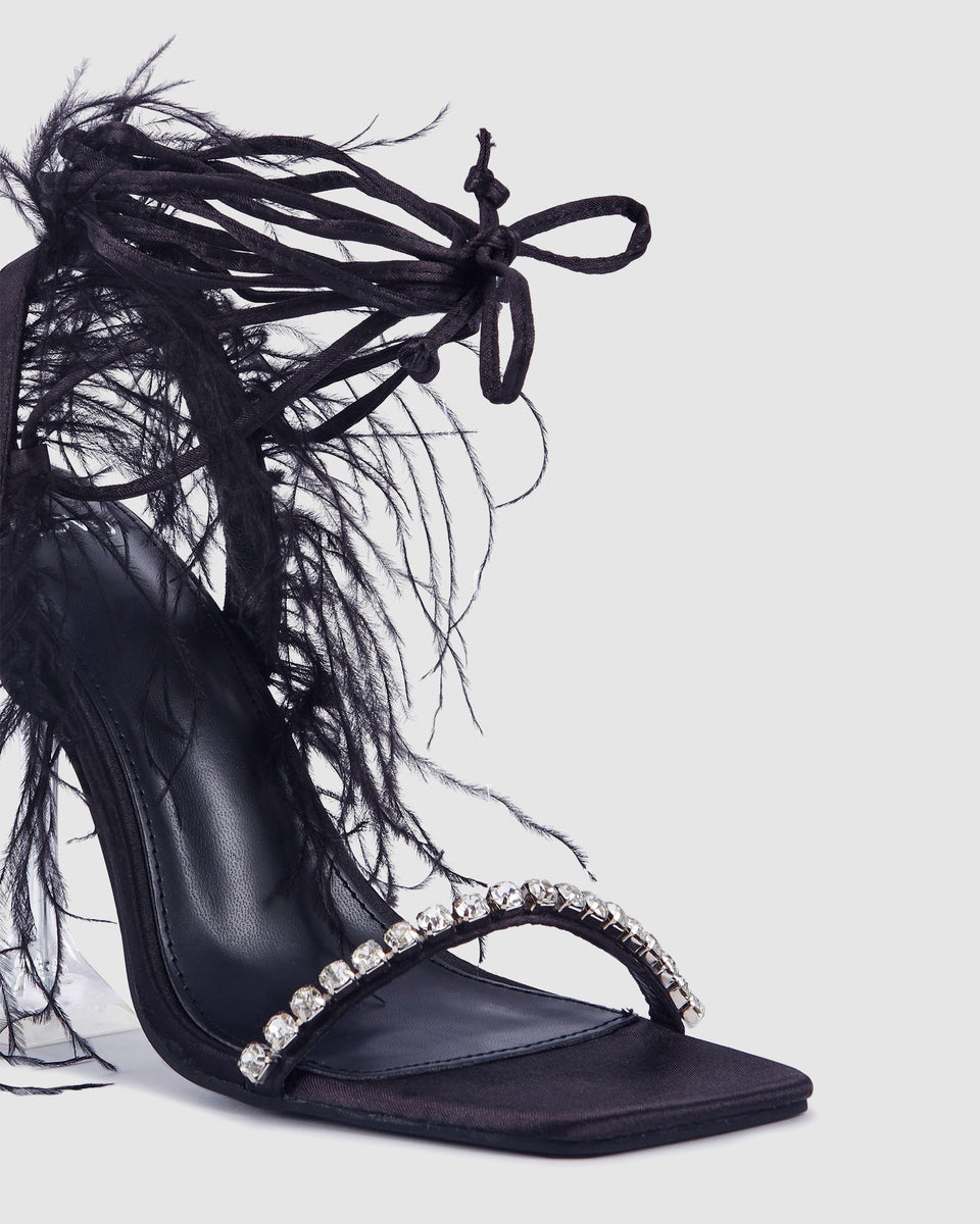 Black Feather Crystal Heels – LORETA - Main Image