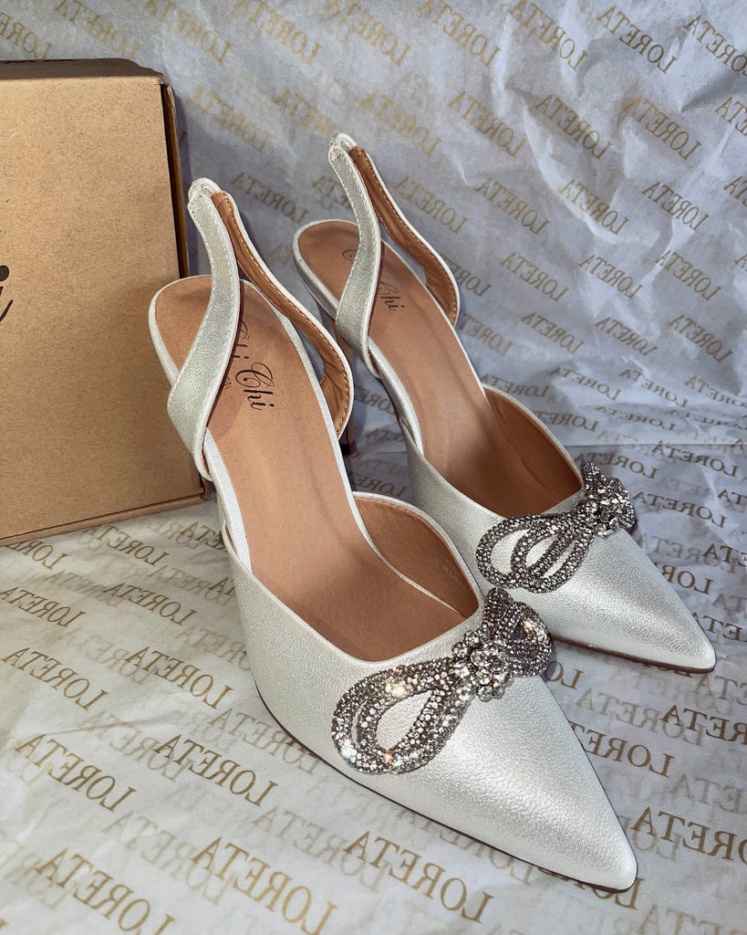 Frosted Bow Heels (Metallic White)