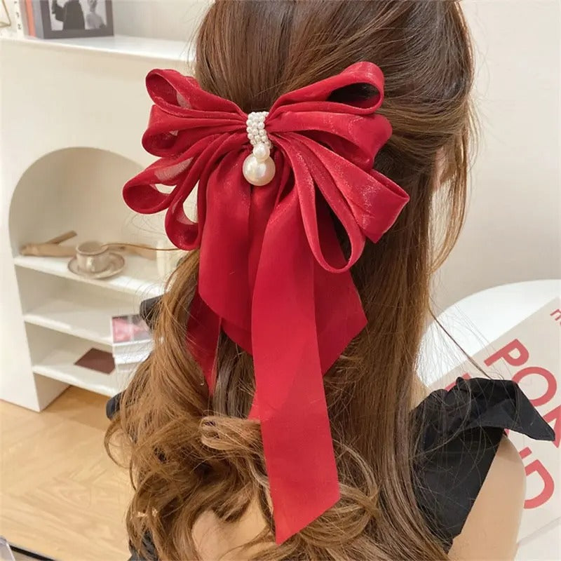 Oversized Large Red Crystal Pearl Bow Hair Clip