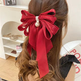 Oversized Large Red Crystal Pearl Bow Hair Clip