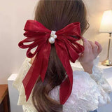 Oversized Large Red Crystal Pearl Bow Hair Clip