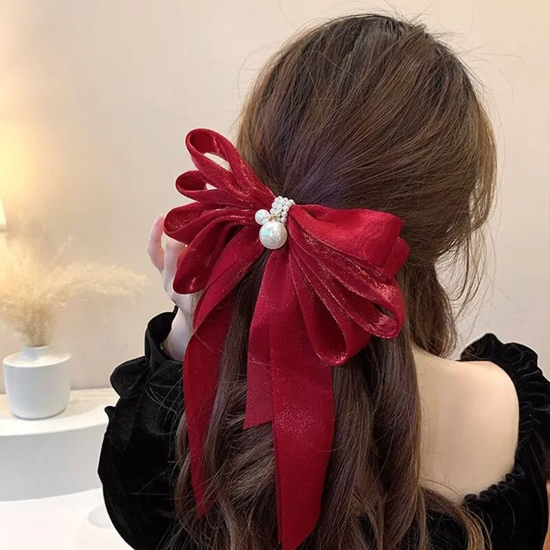 Oversized Large Red Crystal Pearl Bow Hair Clip