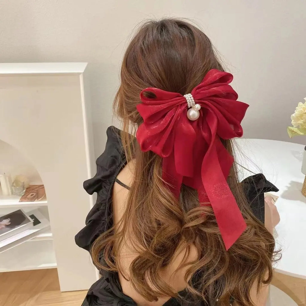 Oversized Large Red Crystal Pearl Bow Hair Clip