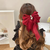 Oversized Large Red Crystal Pearl Bow Hair Clip