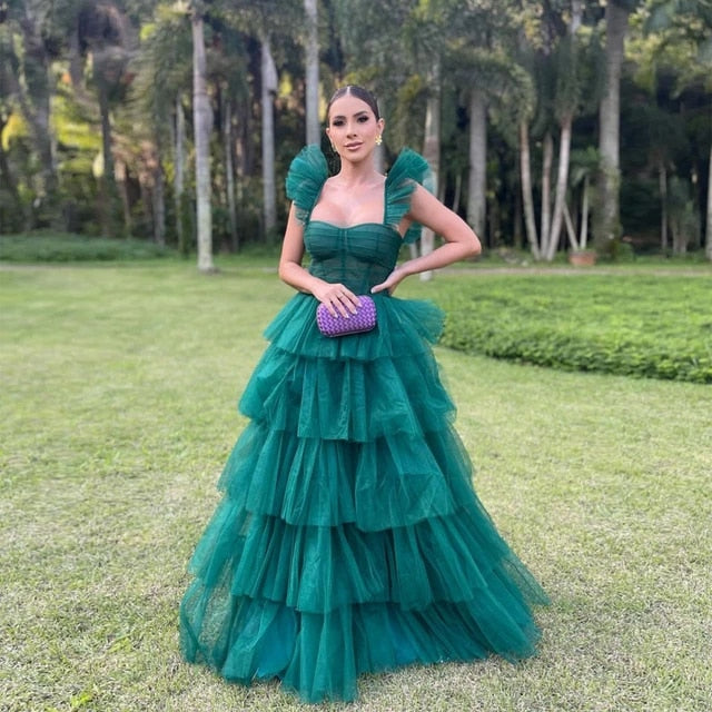 Emerald Green: Tiered Ruffle Tulle Dress - Main Image