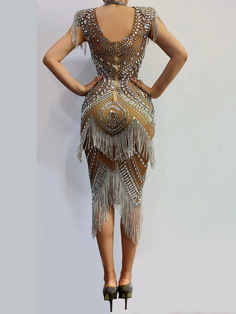 Beige Midi Diamond Dress