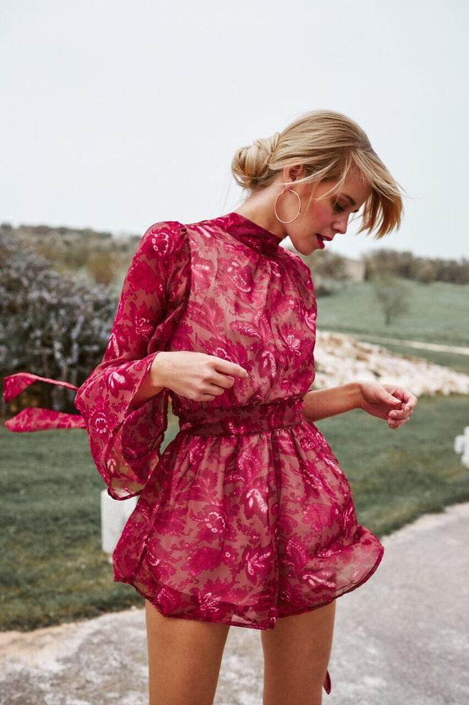 womens floral print red reddish flaming ruby cherry playsuit