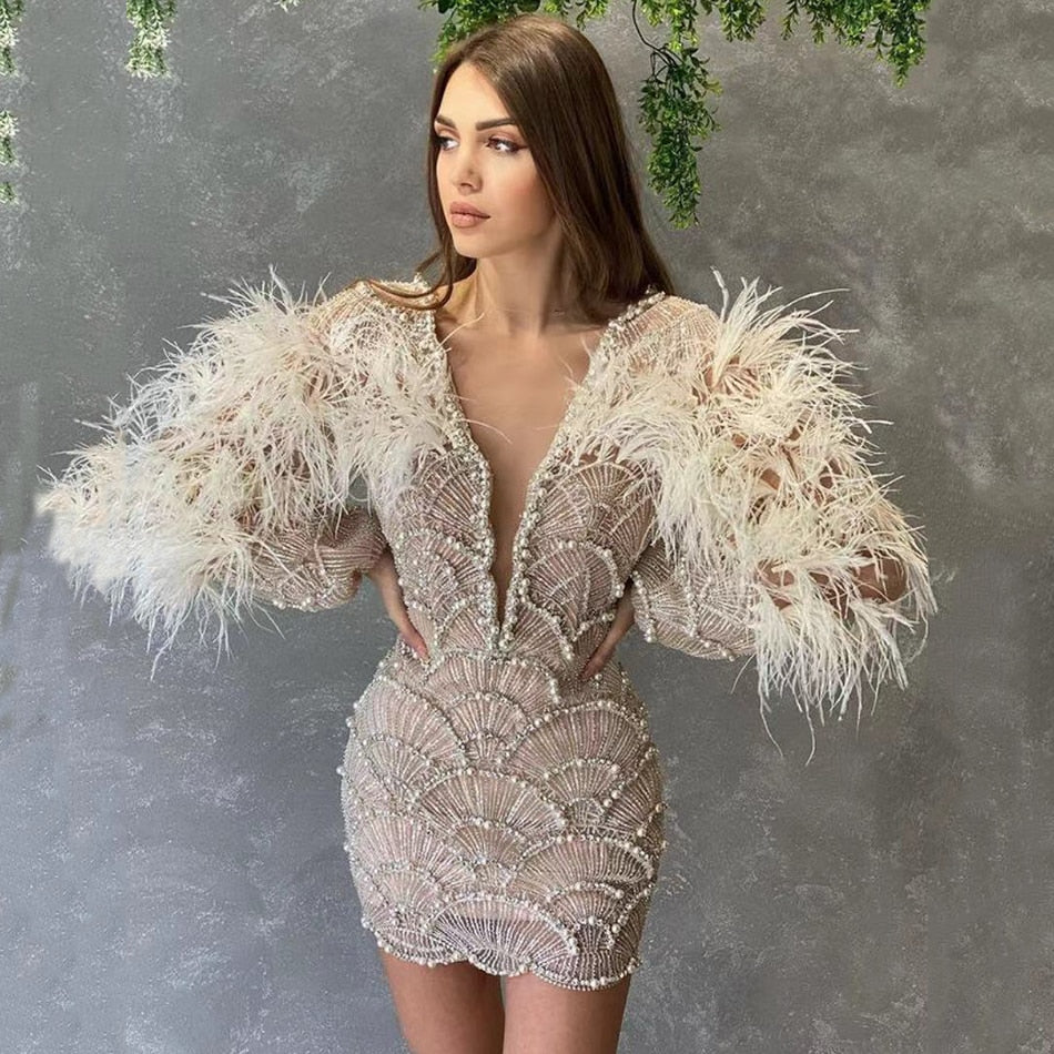 Cathy: Feather & Crystal Blush Dress