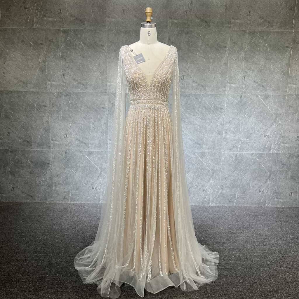 Cape Sleeves Silver Evening Gown