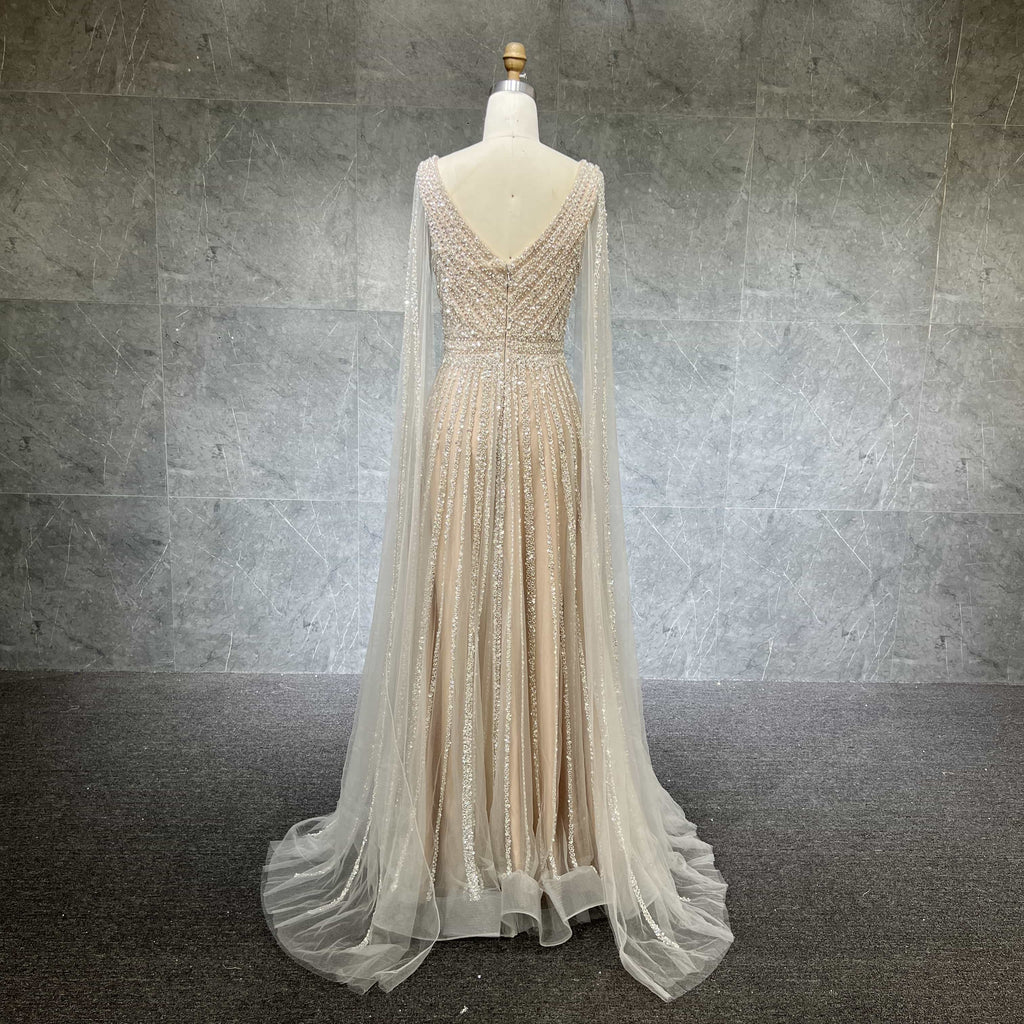 Cape Sleeves Silver Evening Gown