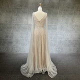 Cape Sleeves Silver Evening Gown