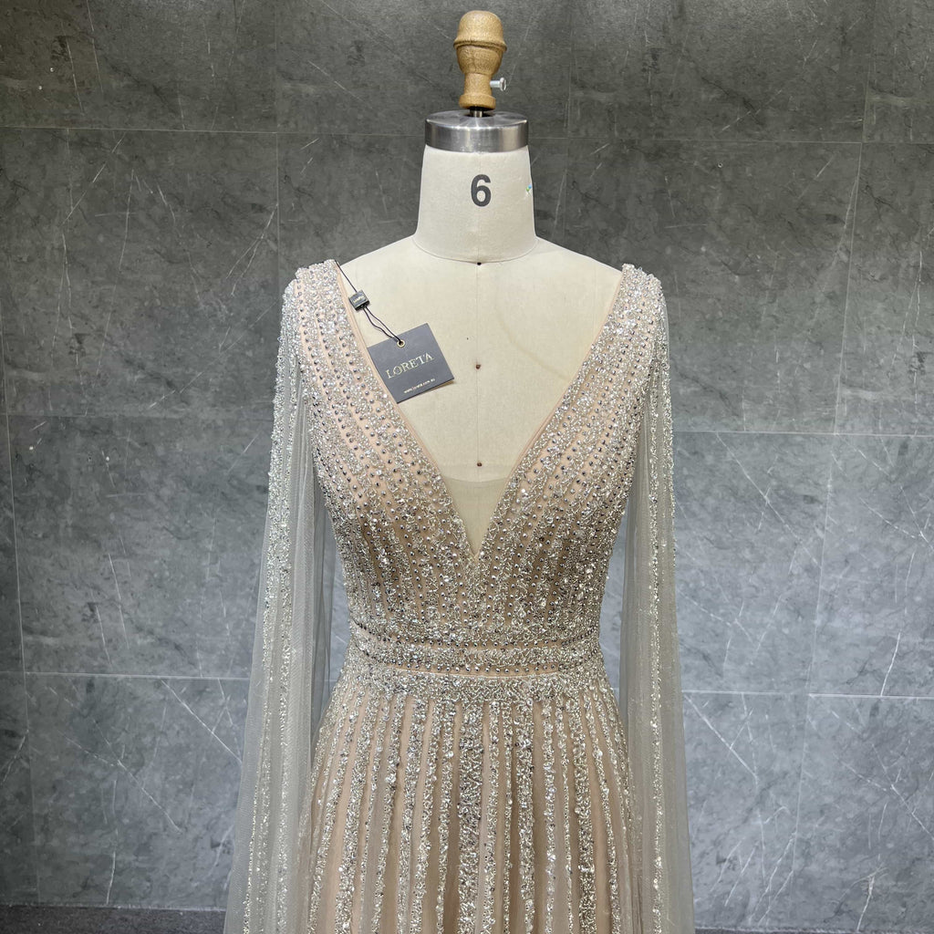 Cape Sleeves Silver Evening Gown