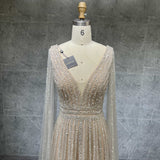 Cape Sleeves Silver Evening Gown