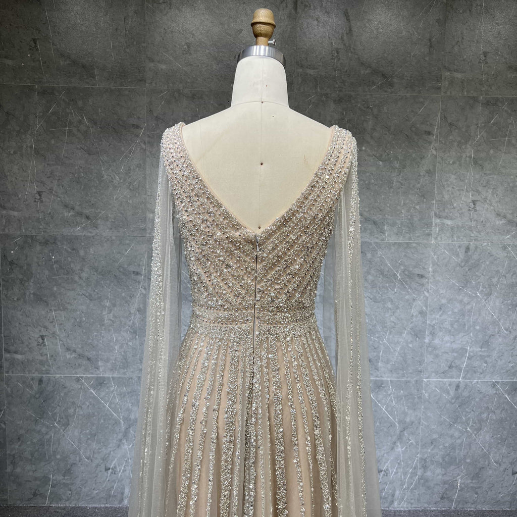 Cape Sleeves Silver Evening Gown