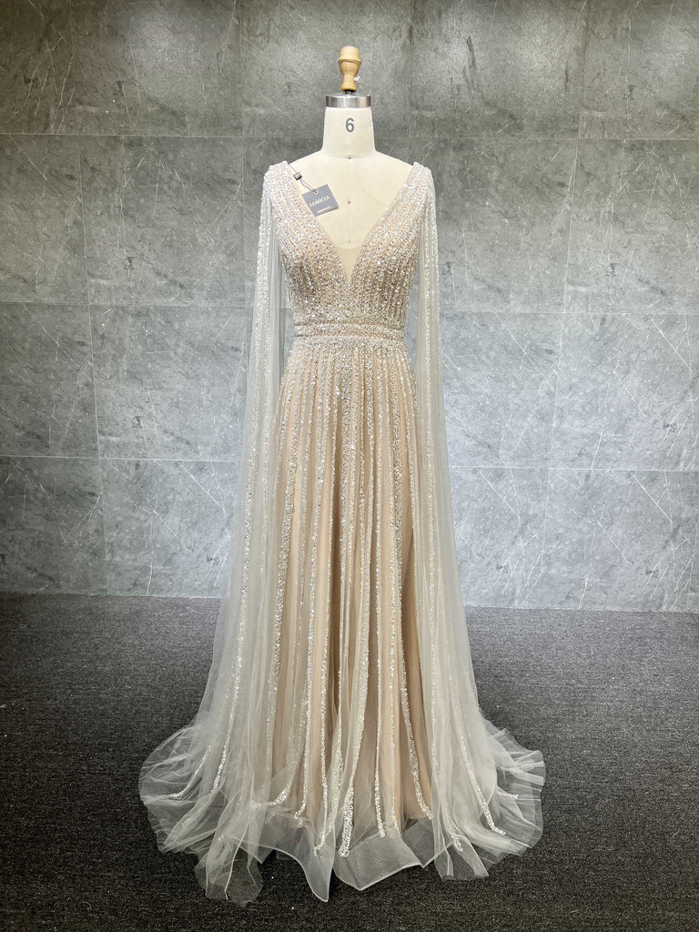 Cape Sleeves Silver Evening Gown