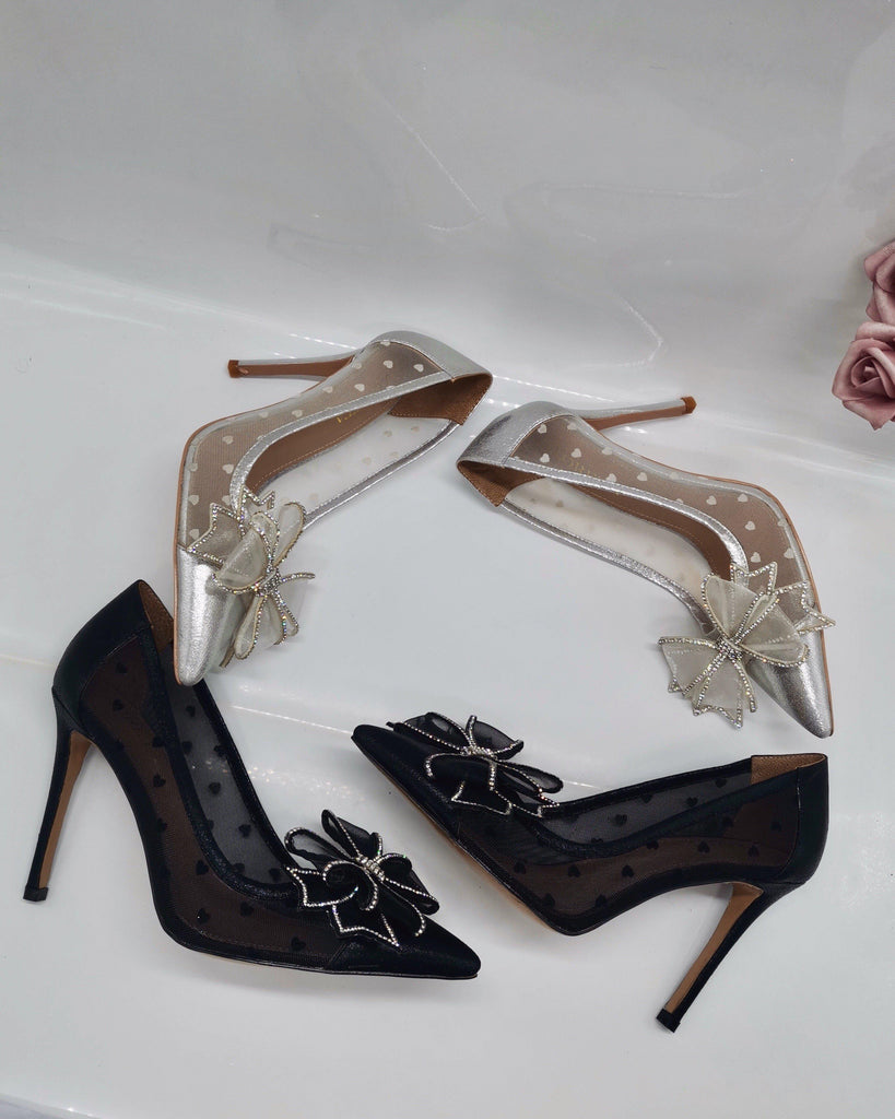 Belvia Crystal Bow Heels (Silver)