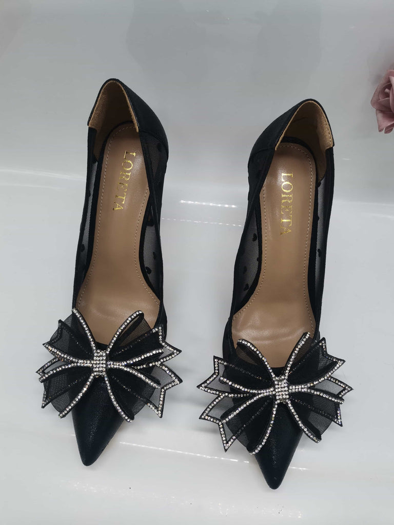 Belvia Crystal Bow Heels (Black)