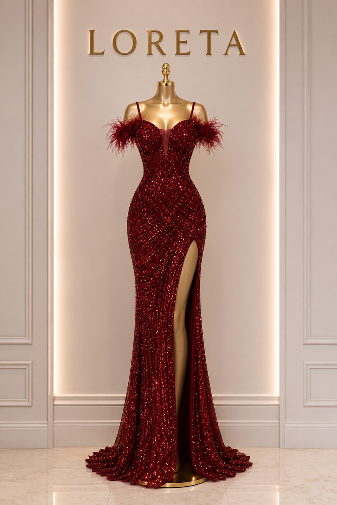 Dasha Beaded Feather Dress (Red)