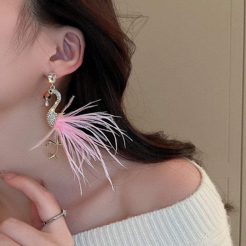 Pink Feather Flamingo Long Drop Earrings
