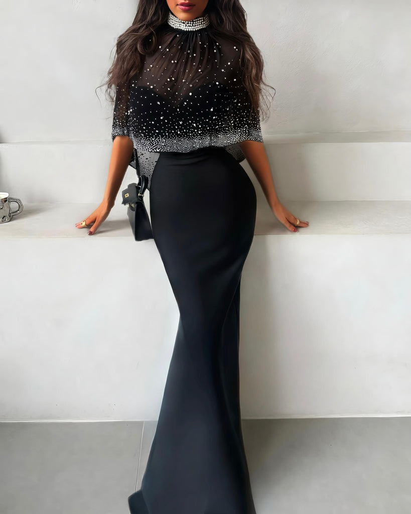 SIA: Crystal Embellished Cape Dress (Black)
