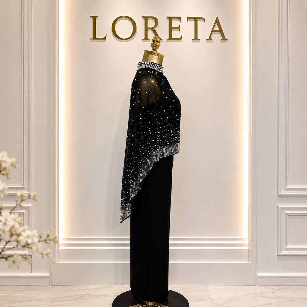 SIA: Crystal Embellished Cape Dress (Black)