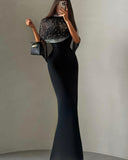 SIA: Crystal Embellished Cape Dress (Black)