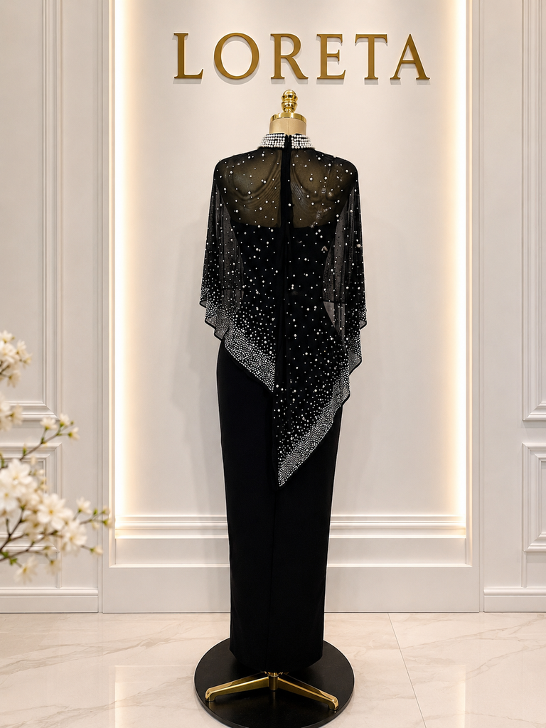 SIA: Crystal Embellished Cape Dress (Black)