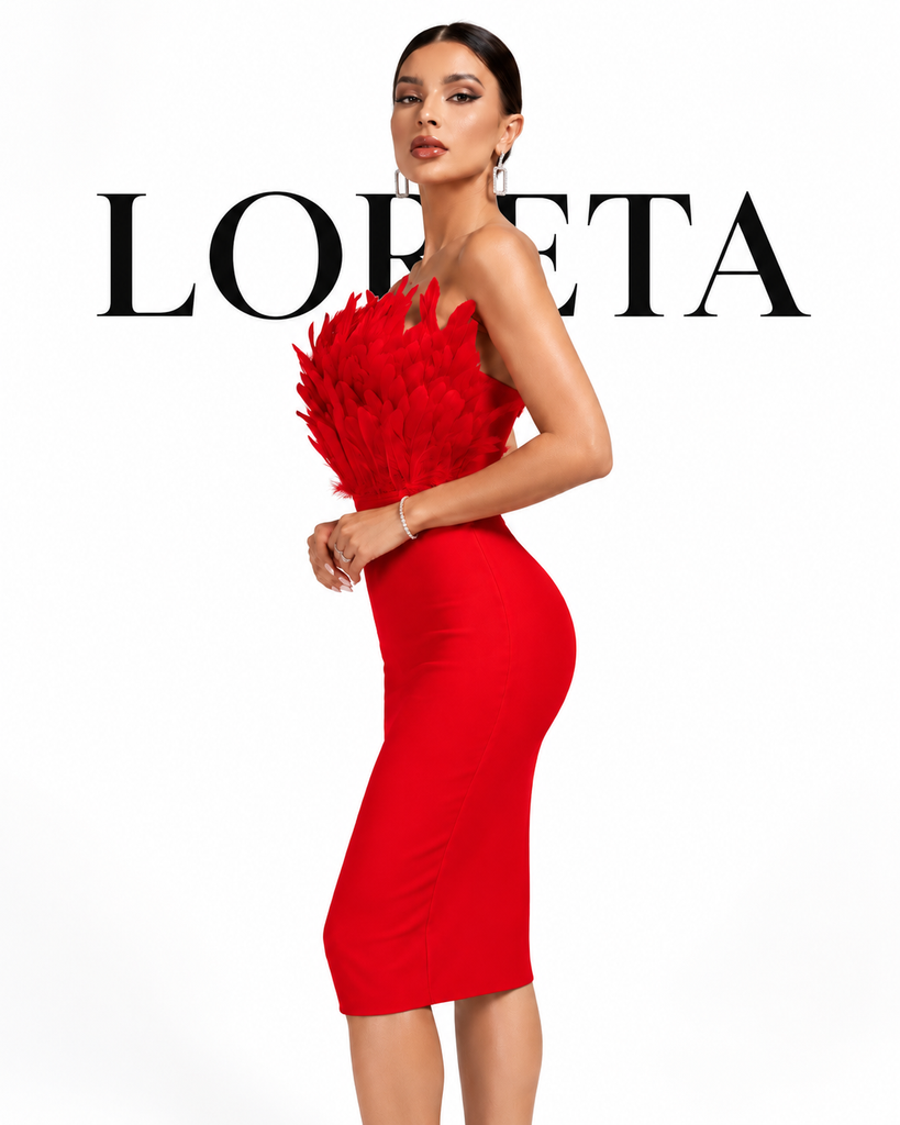 Darby Strapless Feather Bandage Dress (Red)