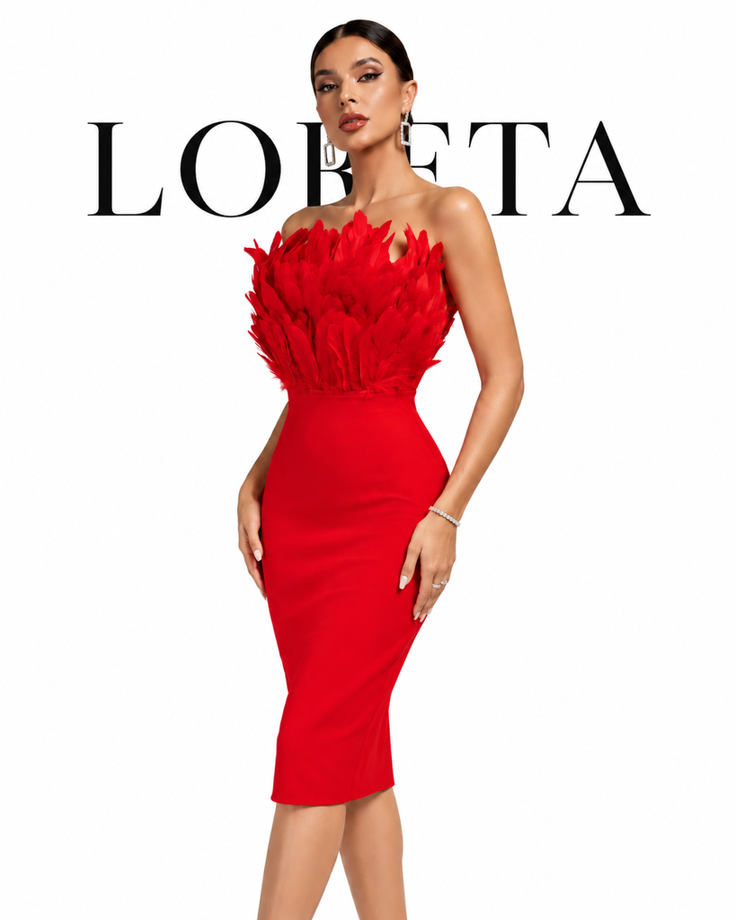 Darby Strapless Feather Bandage Dress (Red)