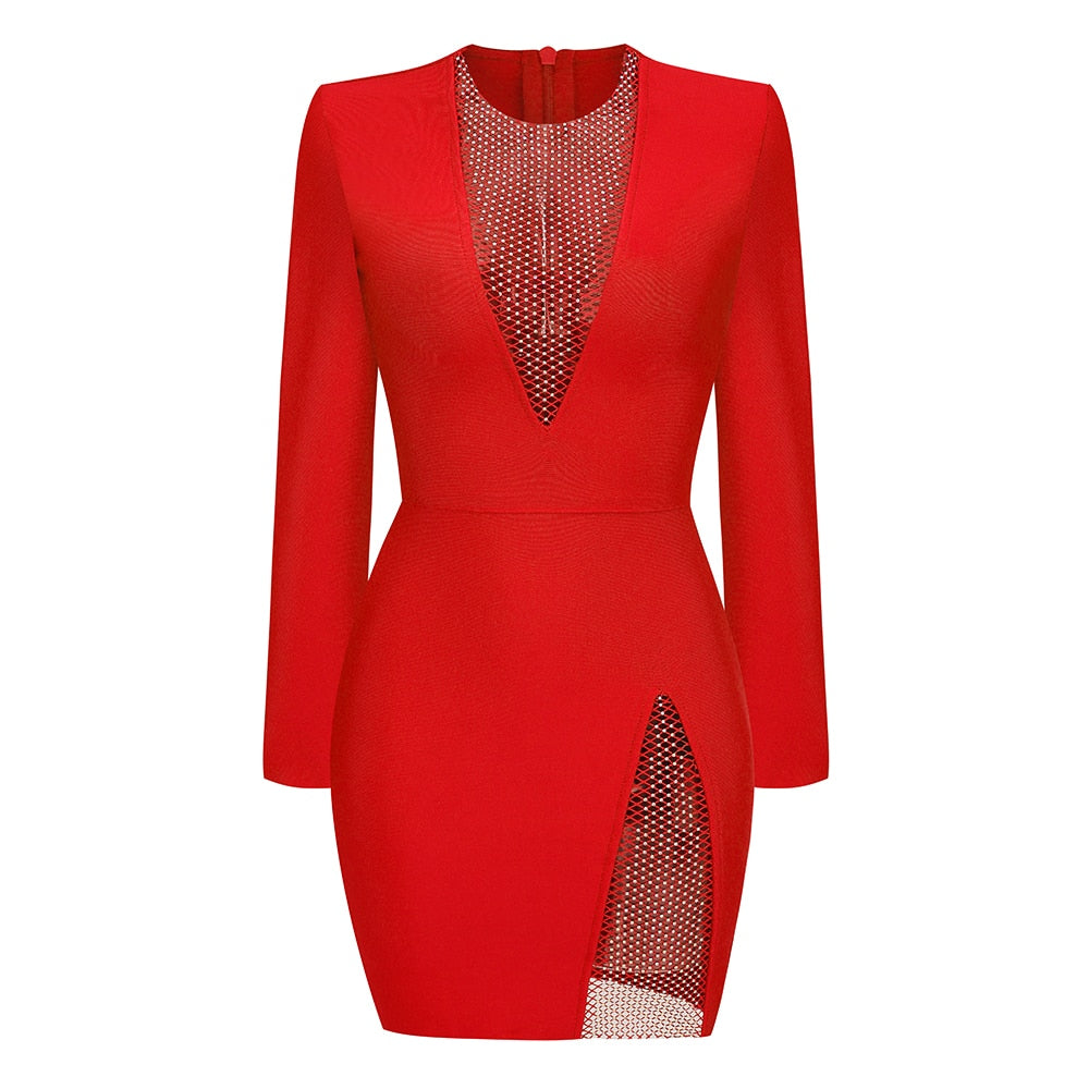 Maja Crystal Mesh Dress (Full Sleeve - RED)
