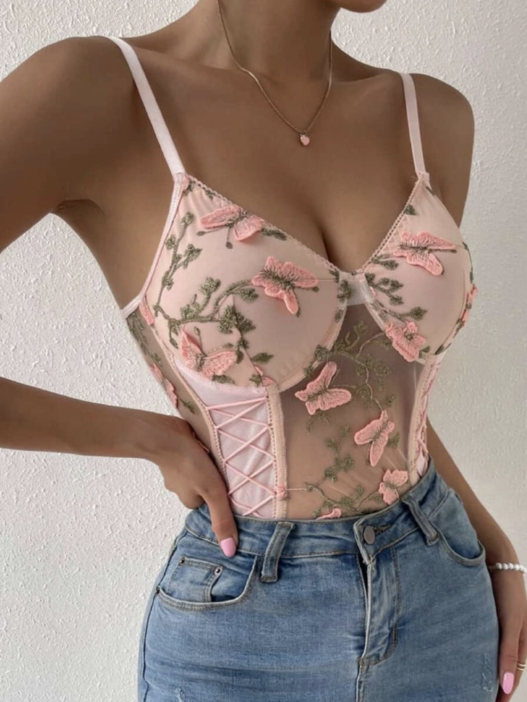 Floral Embroidered Mesh Lace-up Teddy Bodysuit