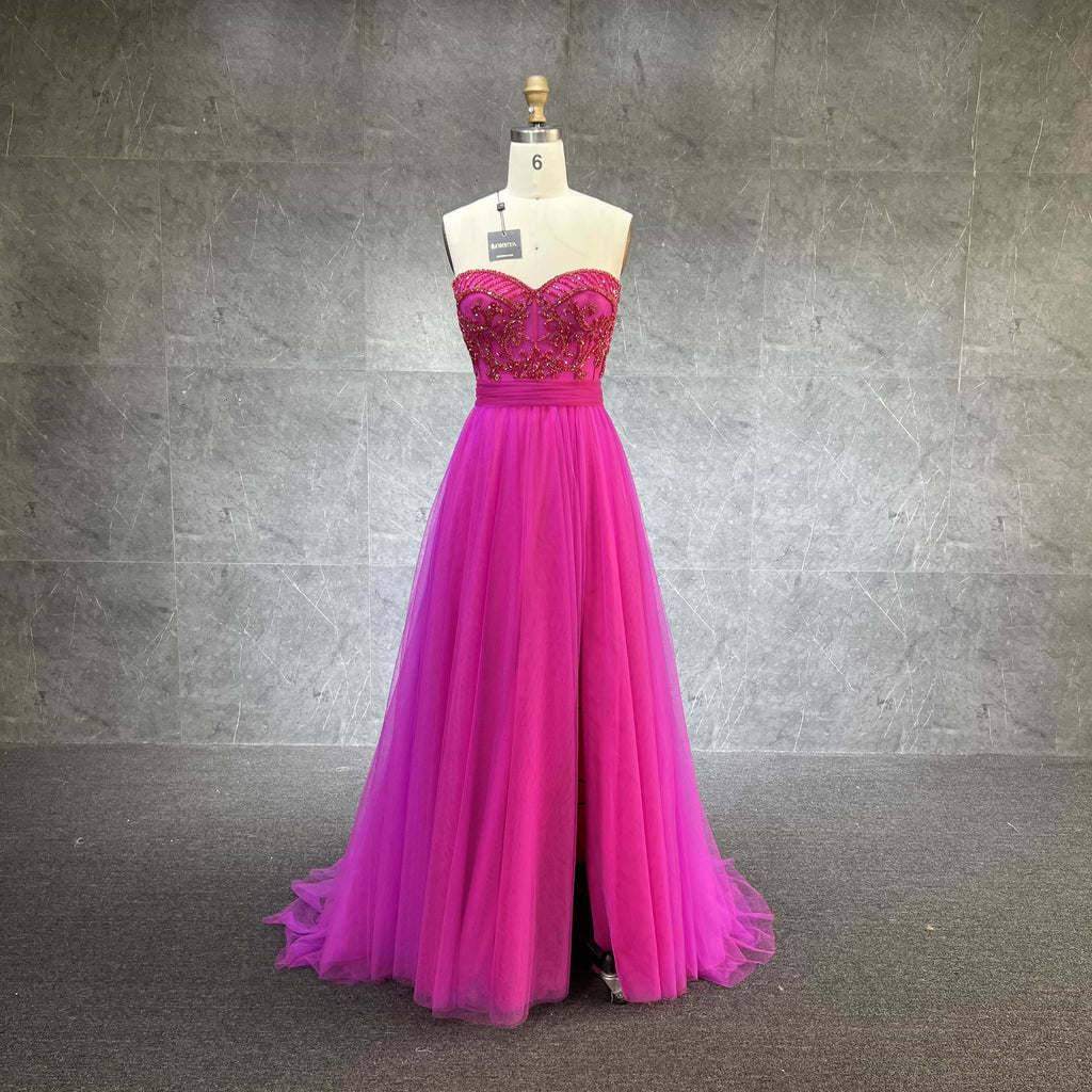 Lisa Strapless Beaded Dress (Fuchsia)
