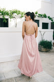 pink dusty pink satin maxi cut plunge bridal dress
