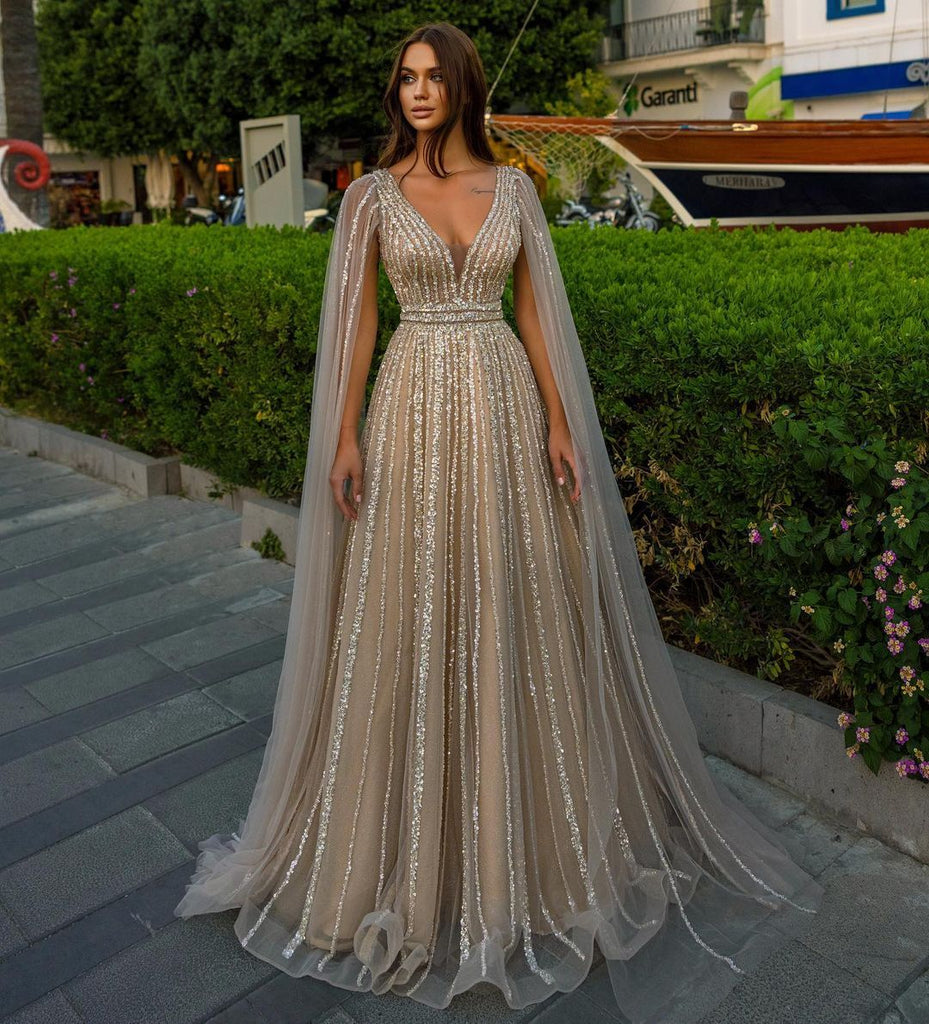 Cape Sleeves Silver Evening Gown