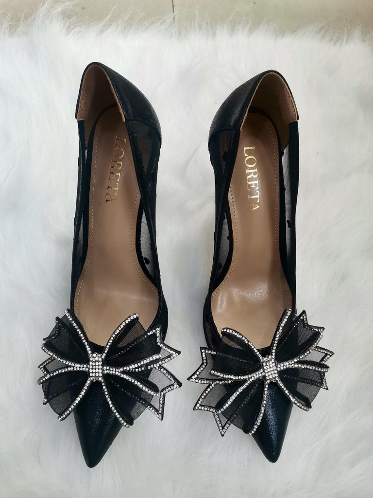 Belvia Crystal Bow Heels (Black)