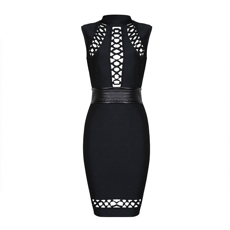 bandage black dress leather sleeveless luxury midi thick quality luxury