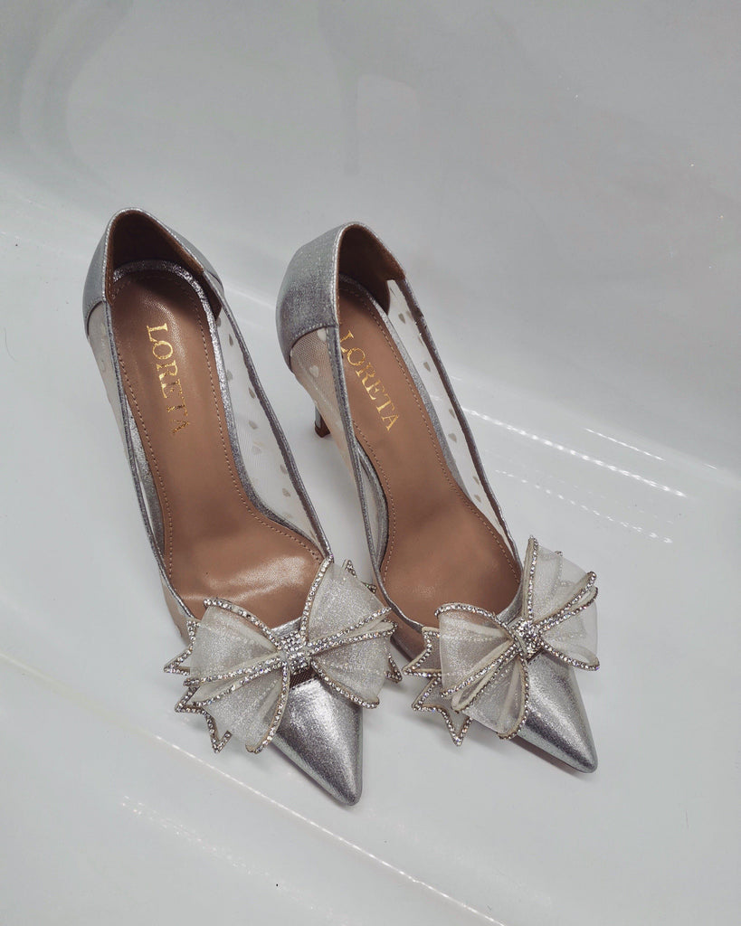 Belvia Crystal Bow Heels (Silver)