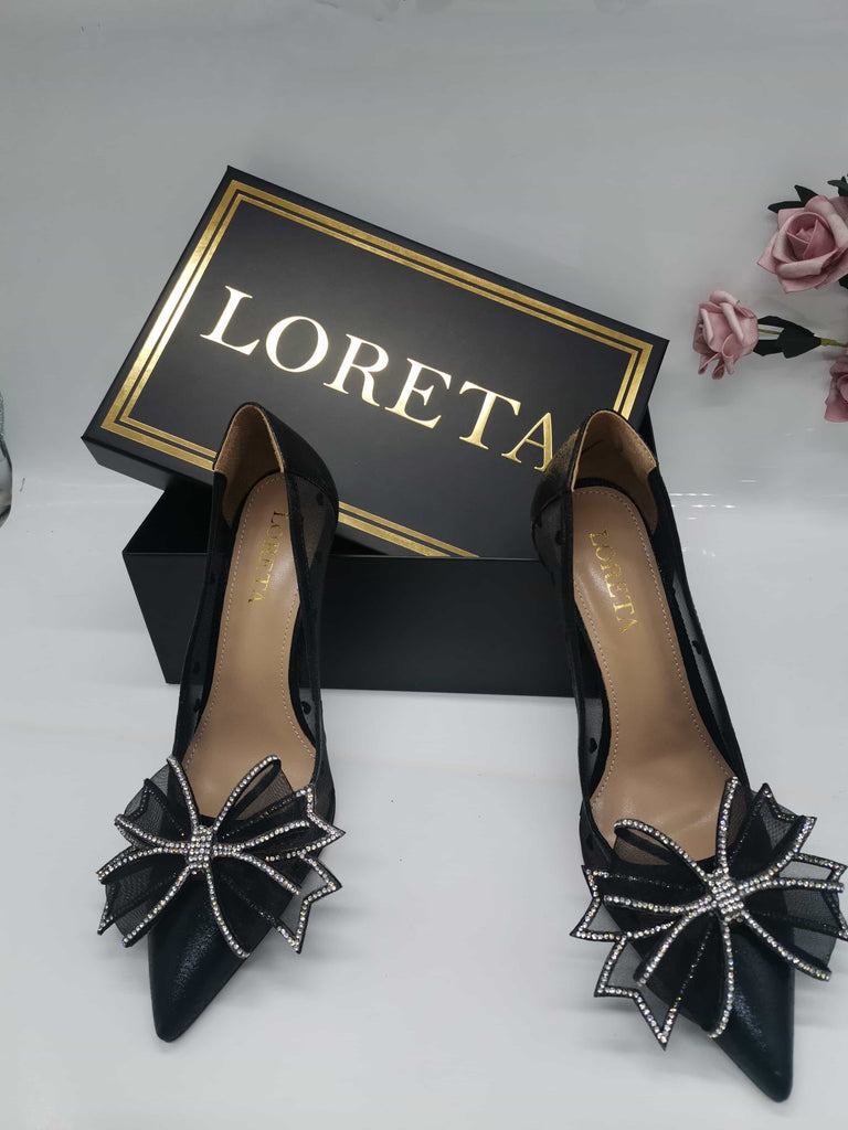 Belvia Crystal Bow Heels (Black) – LORETA